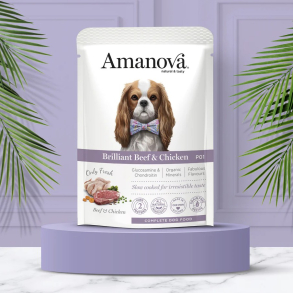 Amanova Saftig Okse & Kylling - Kornfrit v�dfoder til voksne hunde - 300 g