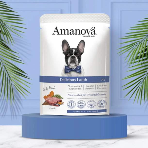 Amanova Velsmagende Lam &amp; Gr�skar - Kornfrit v�dfoder til voksne hunde - 300 g